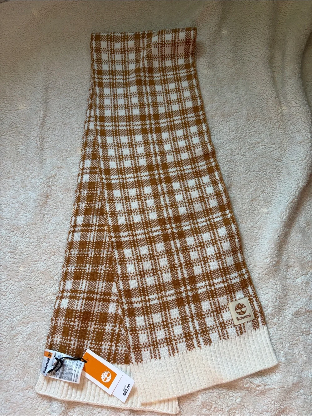 Timberland Cream & Brown Plaid Knit Scarf - Brand Logo Accent